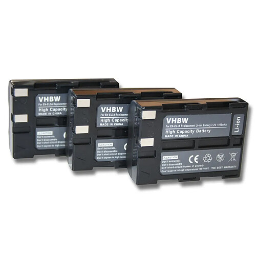 vhbw 3x Batteries remplacement pour Nikon EN-EL3, EN-EL3a pour appareil photo, reflex numérique (1000mAh, 7,2V, Li-ion)