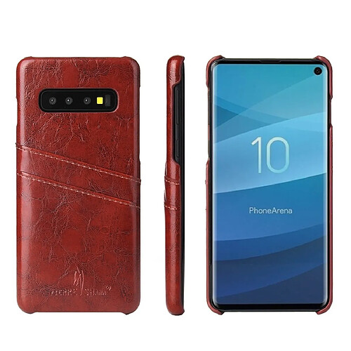 Wewoo Coque Rigide Etui en cuir Fierre Shann Retro Oil Wax PU pour Galaxy S10 avec fentes cartes Marron