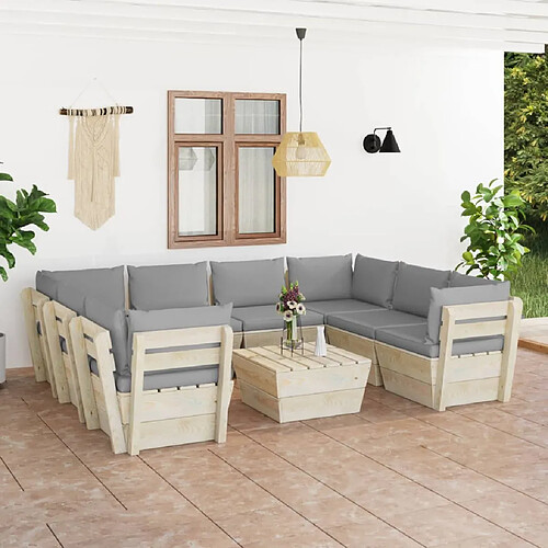 vidaXL Salon de jardin palette 9 pcs avec coussins bois d'épicéa