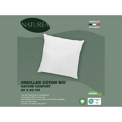 Vente-Unique Lot de 2 oreillers en coton bio 60 x 60 cm de NATUREA - 550gr/m2- Blanc - NATURE CONFORT