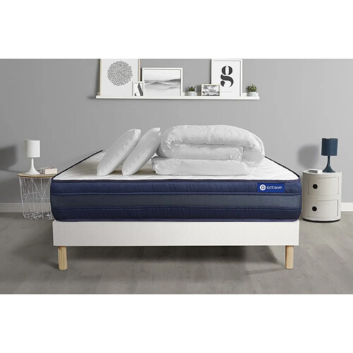 ACTISOM Pack prêt à dormir matelas ACTIMEMO TECH 140x200 Mémoire de forme 5zones de confort + sommier KIT blanc + 2oreillers +couette