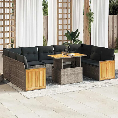 vidaXL Salon de jardin avec coussins 10 pcs gris résine tressée acacia