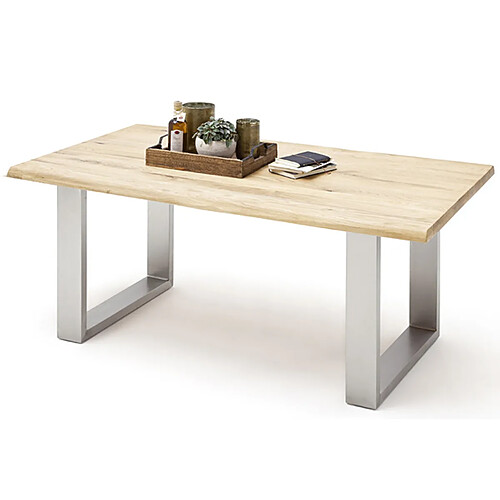 Table à manger en bois massif bord d'arbre, 2 pieds en U - L.220 x H.77 x P.100 cm -PEGANE-