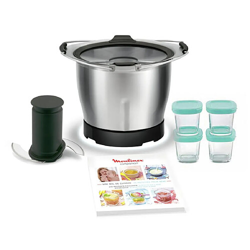 Mini bol companion de 1,4l inox + 4 pots bébé + 20 recettes - xf387e10 - MOULINEX