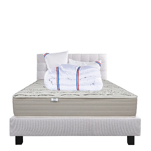 LUXURY LITERIE Ensemble matelas OrganicCoton 140x200 cm + sommier gris ep20cm + 2 oreillers + couette + Tête de Lit