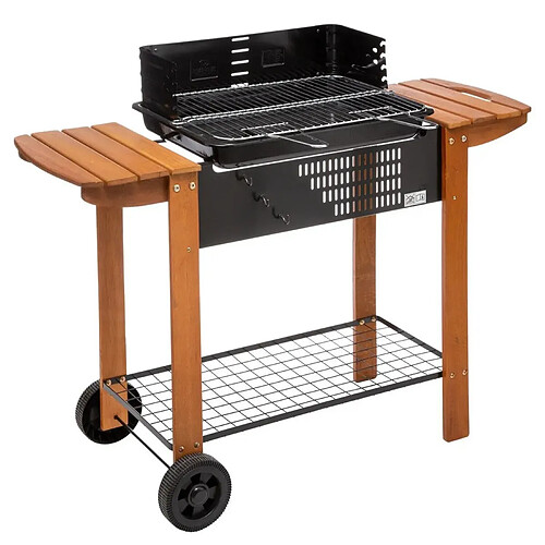 Pegane Barbecue à charbon sur roulettes en acier époxy avec pieds en bois - Longueur 96.5 x Profondeur 46 x Hauteur 117 cm