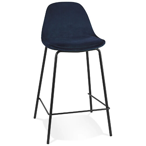 Alterego Tabouret snack mi-hauteur 'FENTON MINI' en velours bleu et pied en métal noir