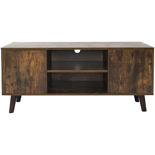 Helloshop26 Meuble télé TV 110 cm avec 2 compartiments ouverts et 2 portes armoire table basse salon chambre bureau support de télévision banc tv de style industriel marron rustique 01_0001109