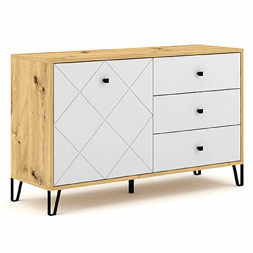 Mes Buffet 1 porte 3 tiroirs 123,4x40x75,2 cm décor chêne et blanc