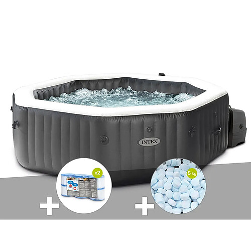 Kit spa gonflable Intex PureSpa Carbone octogonal Bulles et Jets 4 places + 12 filtres + 5 kg de sel