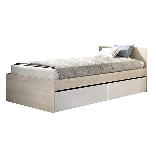 Pegane Lit adulte couchage 90X190 coloris chêne naturel, blanc avec 2 tiroirs - Longueur 194 x Profondeur 95 x Hauteur 67 cm