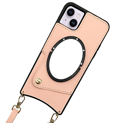 Coque en TPU + PU design en queue de poisson avec porte-carte et bandoulière pour votre iPhone 14 - rose