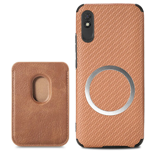 Coque en TPU + PU Anti-rayures, anti-choc, texture fibre de carbone avec porte-carte, marron pour votre Xiaomi Redmi 9A