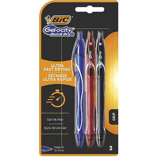 BIC Ecriture Gel-ocity Quick Dry Stylos-Gel Rétractables Pointe Moyenne (0,7 mm) - Couleurs Assorties, Blister de 3