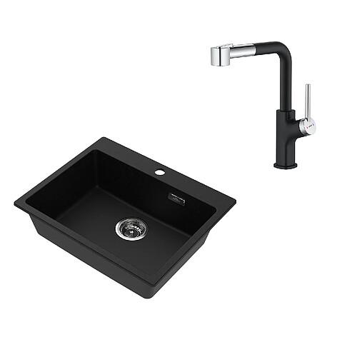 Auralum MAX 1 Bac Évier Cuisine en Granit,55*45*20cm,Kit de Vidage, Noir + Robinet de Cuisine Inox Extractible Rotatif à 360 °