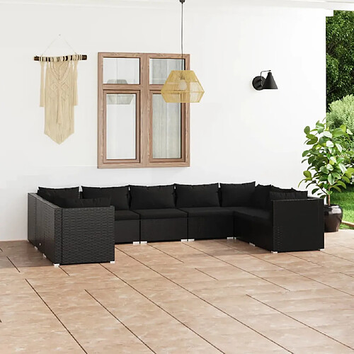 vidaXL Salon de jardin 9 pcs avec coussins Résine tressée Noir