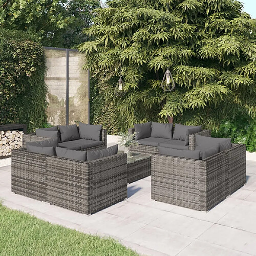 vidaXL Salon de jardin 9 pcs avec coussins Résine tressée Gris