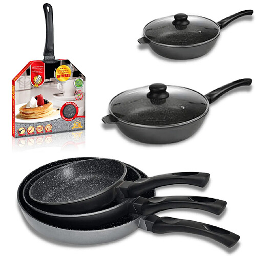 Venteo - Set de cuisine - Sauteuses, poêles et poêle à crêpes + 2 couvercles - revêtement pierre antiadhésifs - Idéal pour tous types de feux