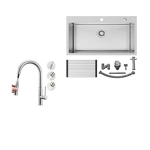 Auralum MAX Évier Cuisine 1 Cuve Inox Brossé75*45*19CM-Évier avec Égouttoir pliable+Robinet Cuisine avec Douchette Extractible,2 Modes Jets ,Brossé