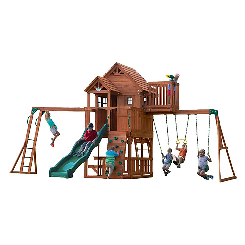 Backyard Discovery Skyfort II Aire de jeux en bois | Aire de jeux Extérieur avec balançoire, toboggan, bac à sable / mur d'escalade, Balancoire Exterieur avec Toboggan, Portique Balancoire Exterieur