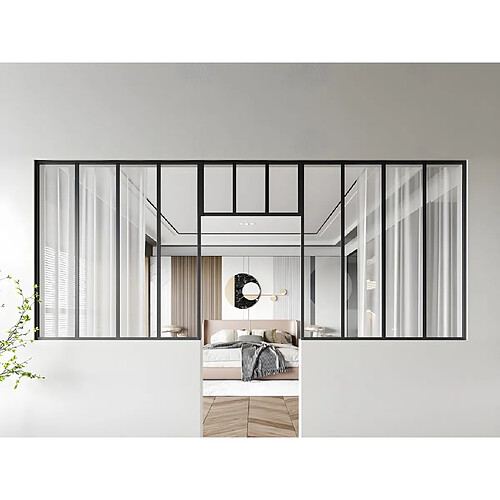 Vente-Unique Lot de 2 verrières atelier avec imposte en aluminium thermolaqué - 2 x L120 x H130 + L73 x H40 cm - Noir - BAYVIEW