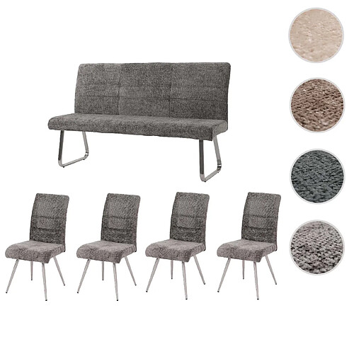 Mendler Set de salle à manger HWC-G55, set de 4 chaises + banc 160cm, inox brossé tissu/textile chenille ~ gris foncé