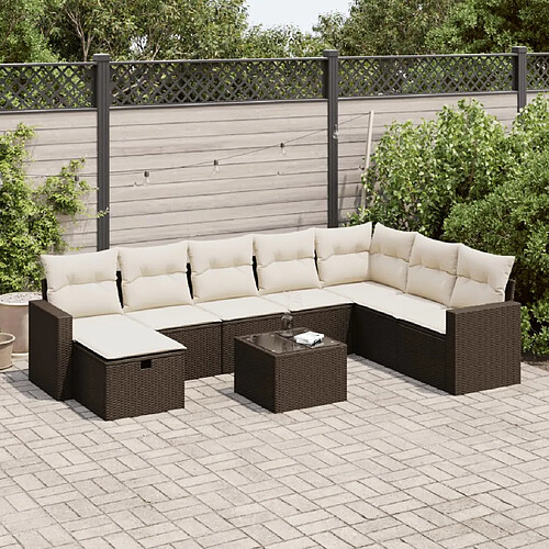 vidaXL Salon de jardin avec coussins 9 pcs marron résine tressée