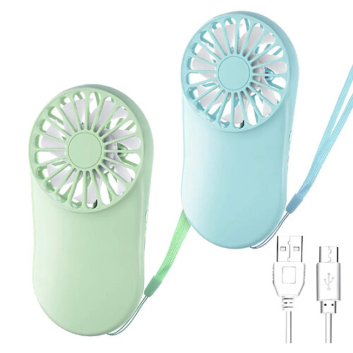 JJBRDZ-2 Pcs Mini Ventilateur de Poche Ventilateur Portable Réglable Ventilateur Rechargeable USB avec Lanière pour le Refroidissement de Voyage en Plein Air, Vert et Bleu