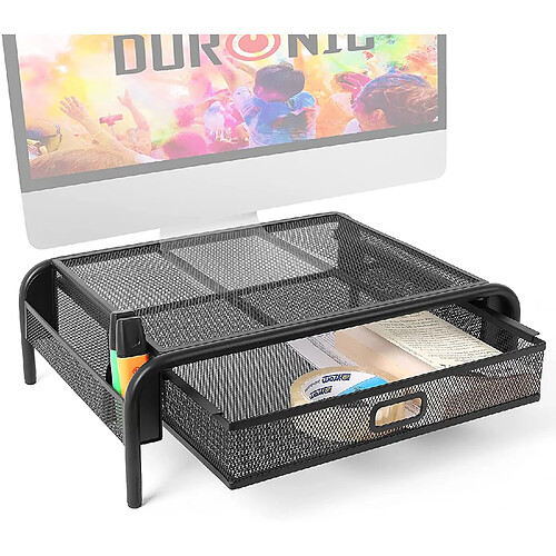 Duronic DM072 Rehausseur d'écran en métal noir | Tiroir et rangements latéraux pour organiser votre espace | Hauteur de 13,5cm | Capacité de 10kg | Pour moniteurs, écrans TV, PC, écrans d'ordinateurs