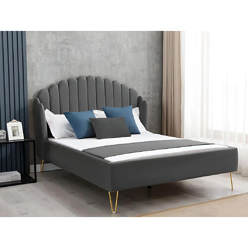 Vente-Unique Lit 160 x 200 cm avec tête de lit ondulée - Velours - Gris + Matelas - SAGALI