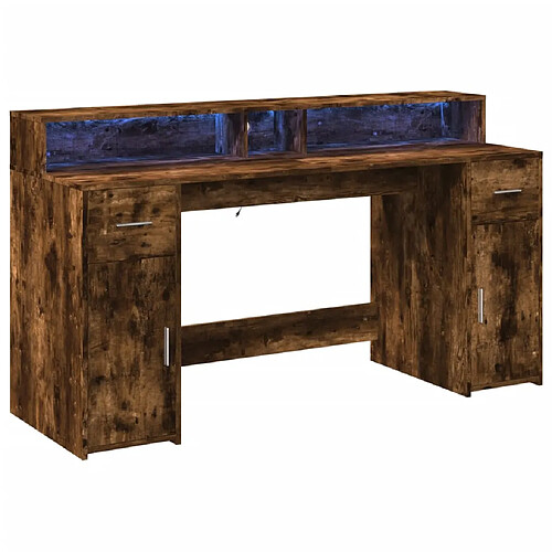 Helloshop26 Bureau table poste de travail meuble d'ordinateur informatique étude et lumières LED chêne fumé 160 x 55 x 91cm bois d'ingénierie brun 02_0023786