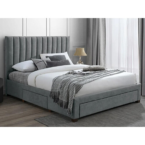 Vente-Unique Lit avec 3 tiroirs 160 x 200 cm - Tissu - Gris + Matelas - LIAKO