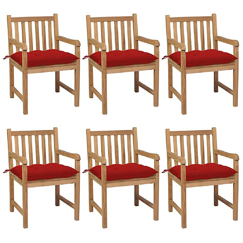 vidaXL Chaises de jardin lot de 6 et coussins rouge bois teck solide