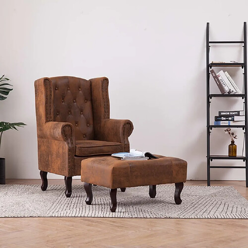 vidaXL Fauteuil Chesterfield et repose-pieds Marron Similicuir daim