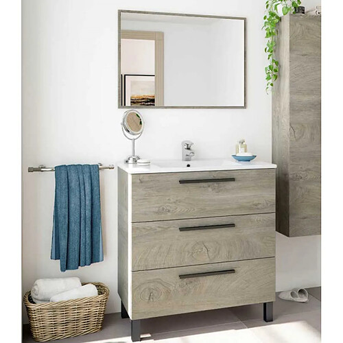 Dansmamaison Meuble sous vasque 3 tiroirs 80 cm + vasque + miroir Chêne - ENATHA