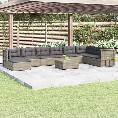 vidaXL Salon de jardin 9 pcs avec coussins Gris Résine tressée