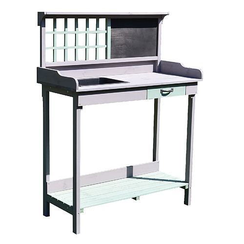 Outsunny Table de rempotage jardinage multi-équipée tiroir, étagère, évier dim. 92L x 43l x 120H cm bois massif pin pré-huilé gris vert menthe