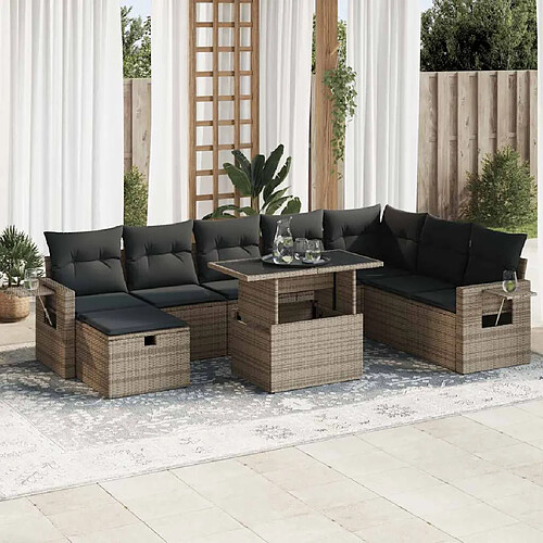 vidaXL Salon de jardin 9 pcs avec coussins gris résine tressée