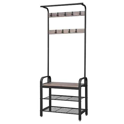 Helloshop26 Portemanteau vestiaire meuble d’entrée avec crochets amovible banc et étagère à chaussures hauteur 183 cm cadre en métal style industriel couleur grège et noir 12_0003649