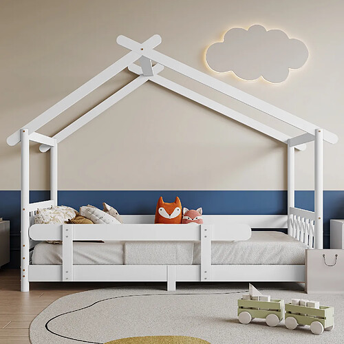 KOMHTOM Lit Cabane Pour Enfants Et Adolescents - 200 X 90 cm - Bois Massif Avec Grille Et Sommier À Lattes - Protection Antichute - Blanc