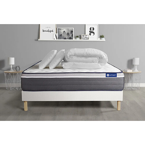 ACTISOM Pack prêt à dormir matelas ACTIMEMO PLUS 140x200 Mémoire de forme 7zones confort + sommier KIT blanc + 2 oreillers + couette