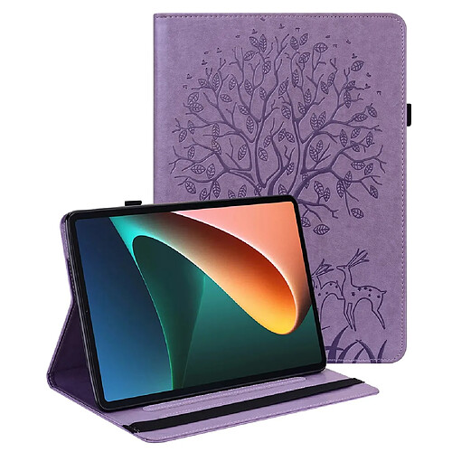 Etui en PU motif cerf et arbre avec support et porte-cartes violet pour votre Xiaomi Pad 5/Pad 5 Pro