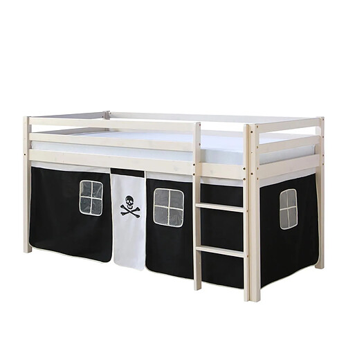 Homestyle4U Lit mi- haut Blanc 90x200 en hauteur avec echelle et rideau Pirate