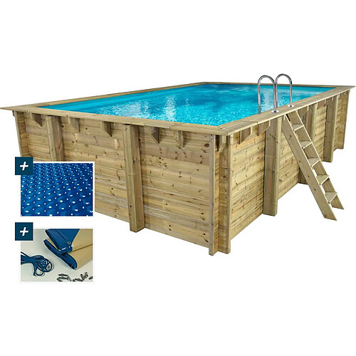 Habitat Et Jardin Piscine bois rectangle Panama - 6.20 x 4.10 x 1.45 m + Bâche à bulles 180 µ - Bâche hiver 280 g/m² +