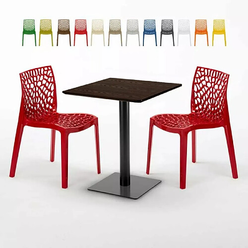 Grand Soleil Table carrée 60x60 pied noir et surface bois avec 2 chaises colorées Gruvyer Kiss - Rouge