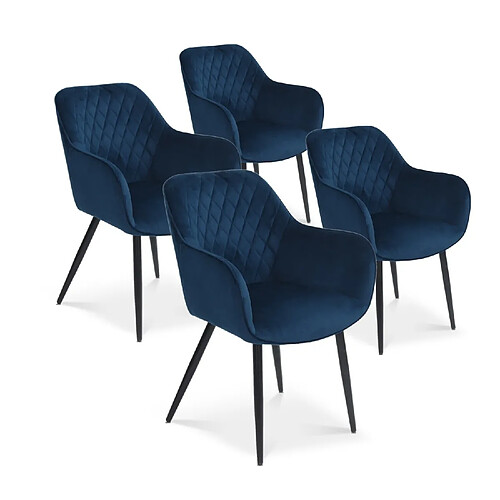 Lot de 4 chaises Victoria en velours bleu pieds noir