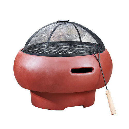 Braséro de jardin à bois chauffage extérieur avec tisonnier couvercle grille charbon BBQ ciment rouge Teamson Home HR17501AC