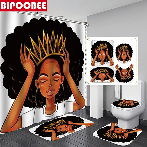 Universal Set de 4 tuyauteries Femme Américaine Couronne Rideau de Douche Africaine Reine Princesse Rideau de Douche avec Tapis Housse de siège WC (180 * 180 cm)