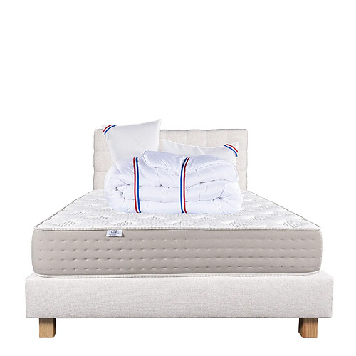 LUXURY LITERIE Ensemble matelas Dreamlux 160x200 cm + sommier beige ep20cm + 2 oreillers + couette + Tête de Lit