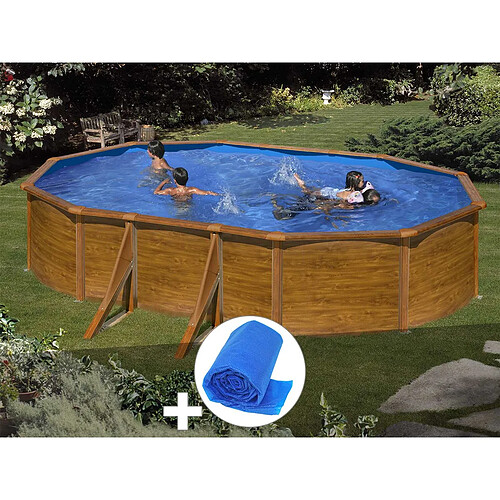 Kit piscine acier aspect bois Gré Sicilia ovale 5,27 x 3,27 x 1,22 m + Bâche à bulles